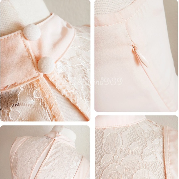 Pale Pink Lace Inset Mock Neck Knife Pleated Dress - Picture 5 of 8